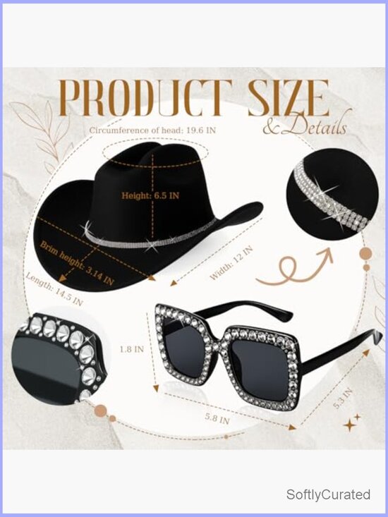 5-Piece Disco Cowgirl Hat Set Rhinestone Necklace Earrings Sunglasses Costume main image 7